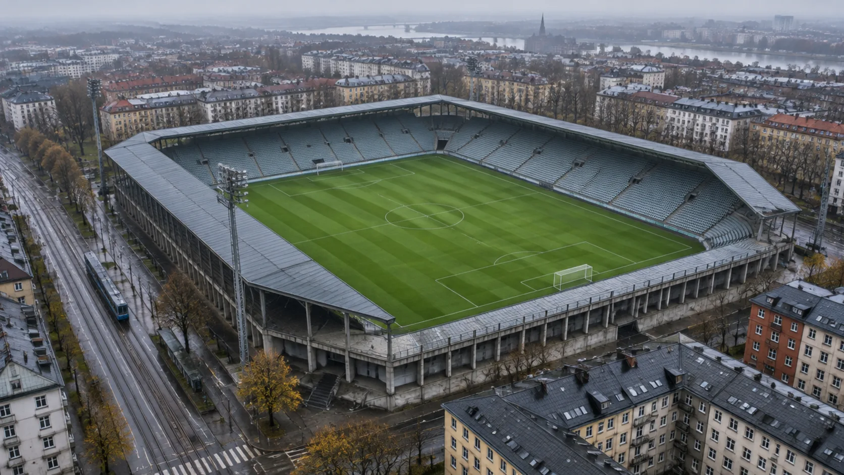 Editoryal illüstrasyon: kapalı bir günde yukarıdan görülen, tribünleri ve sahası bomboş bir Avrupa futbol stadyumu.