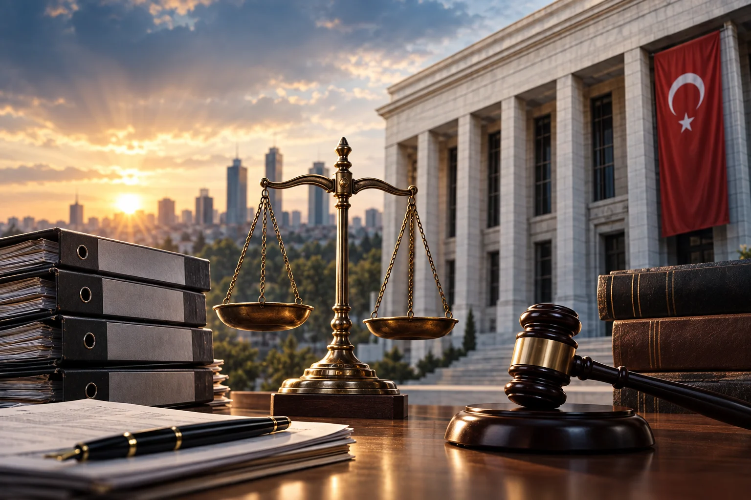Scales of justice, case files and a Turkish flag in an editorial illustration