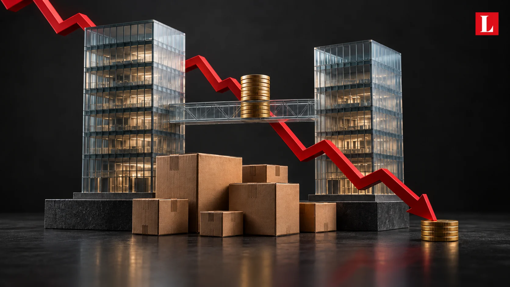 Editorial illustration of connected corporate towers, packaging and falling share prices