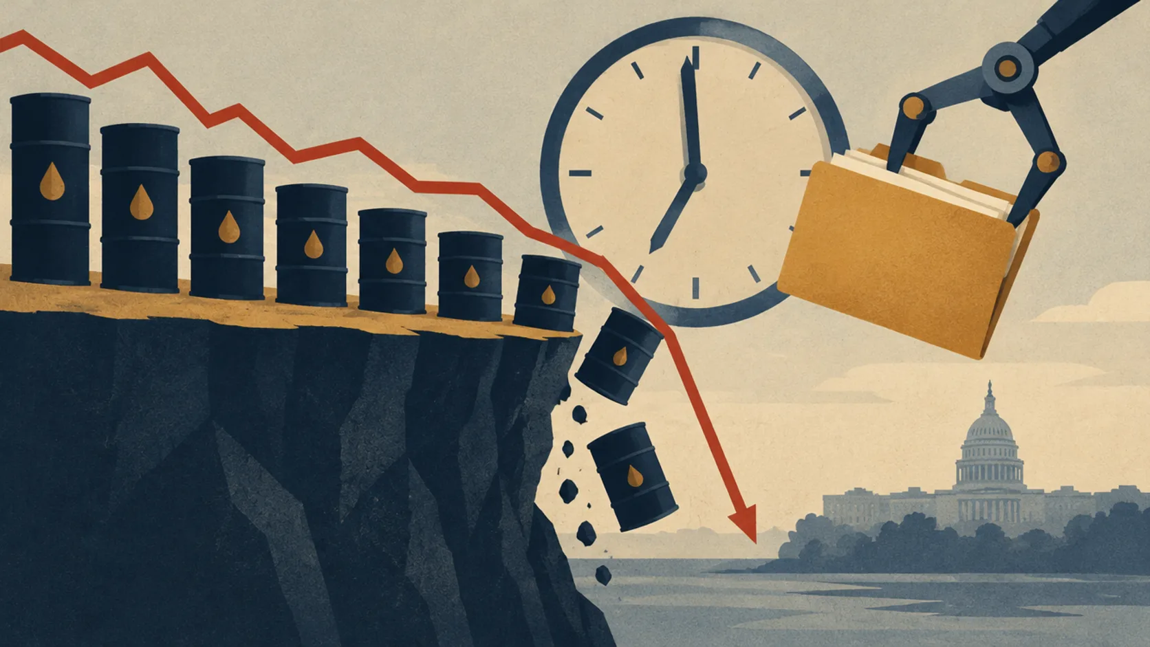 Editorial illustration: market-surveillance screens showing a sharp fall in an oil price line before dawn, with a referral folder being drawn back across a desk and a Washington skyline beyond.