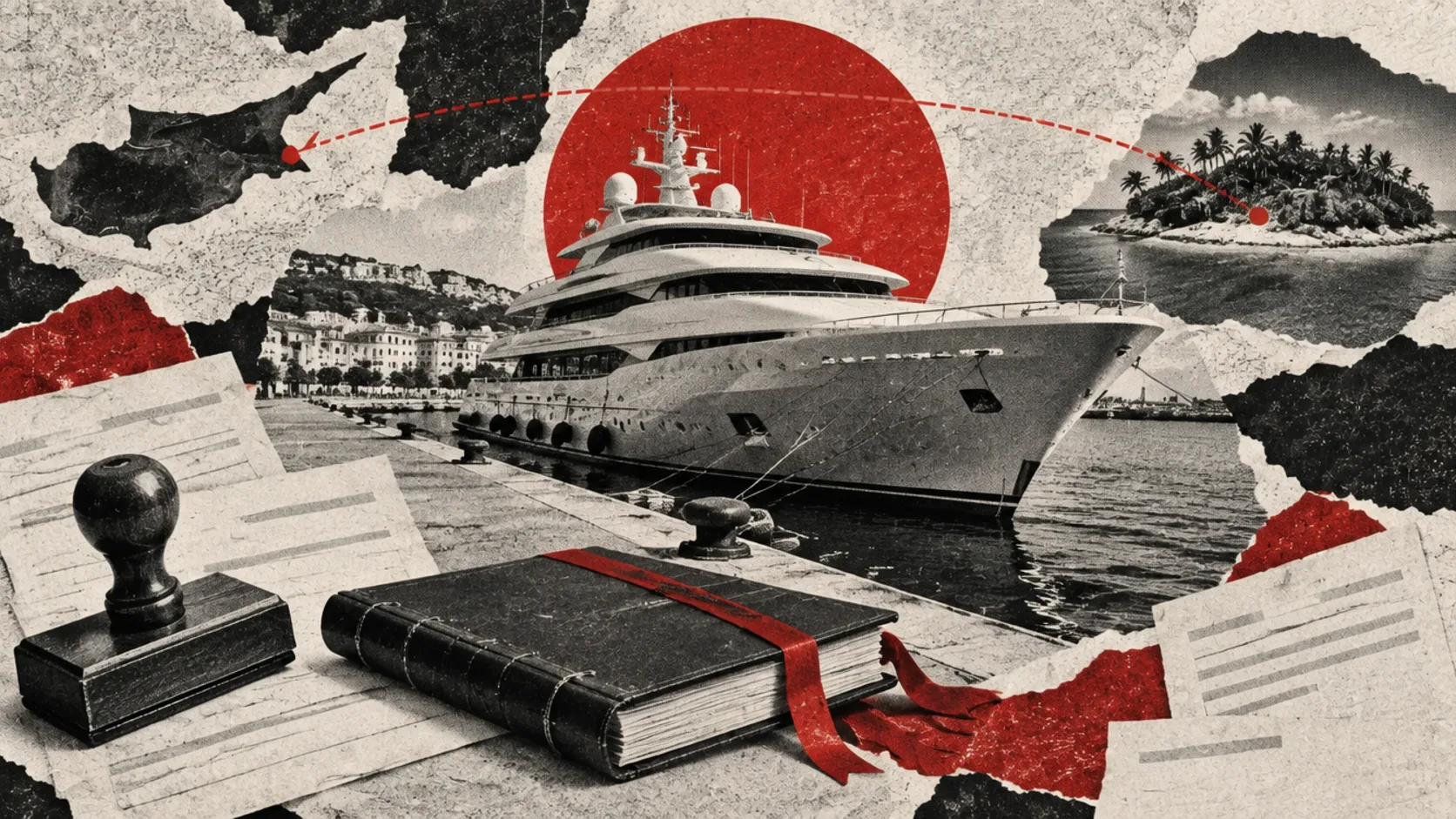 Editoryal illüstrasyon: Limasol’da bir ofiste gece vakti masada tarih damgası, ciltli şirket dosyaları ve kırmızı kurdeleli bir deste; pencerenin ardında limana bağlı bir süper yat.