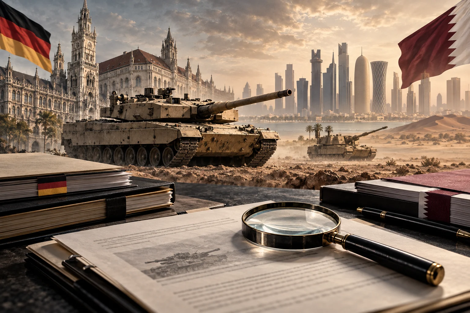 Editorial illustration of a tank, contract documents and the German and Qatari flags