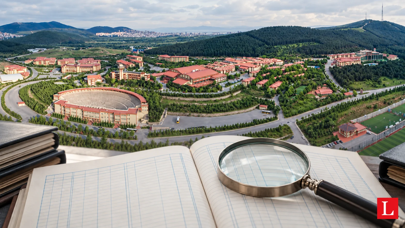 Editorial montage of a university campus, an account book and a magnifying glass