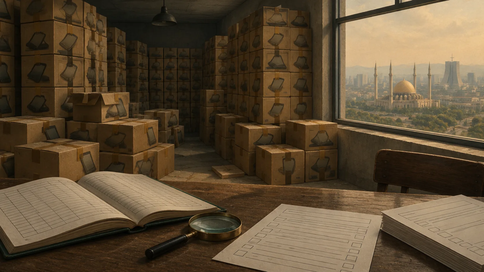 Editorial illustration: a half-empty government storeroom with a few sealed tablet cartons, a sheet of handwritten tally marks on a desk, and Aso Rock visible at dusk through a barred window.