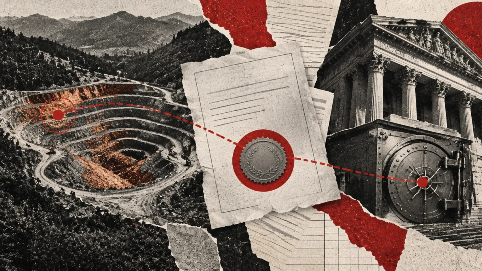 Editorial illustration: a terraced open-pit copper mine in Caucasus mountains at dusk, with a blank licence document weighted down on a steel table in the foreground.
