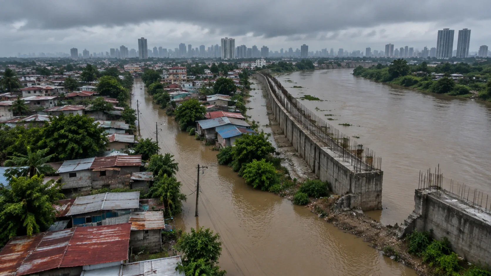 Editorial illustration: a half-built concrete flood-control embankment on a swollen river at dusk, an open case of banknotes and tied engineering drawings in the foreground, a city skyline beyond.