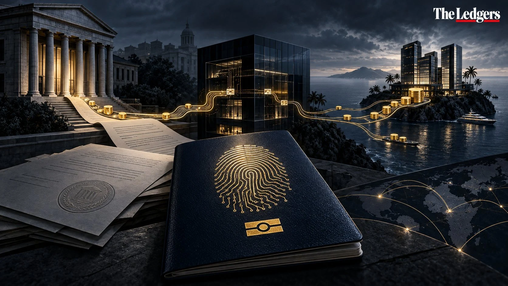 Illustration of a biometric passport, contracts and financial flows between public institutions and offshore companies.