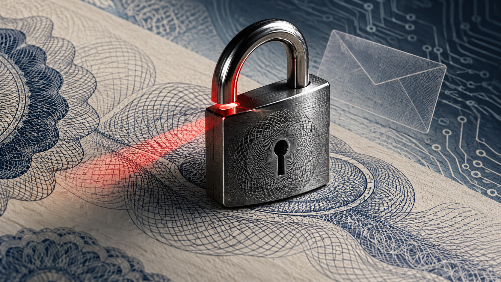 A slightly open padlock and red warning light on security-printing patterns; a conceptual illustration.