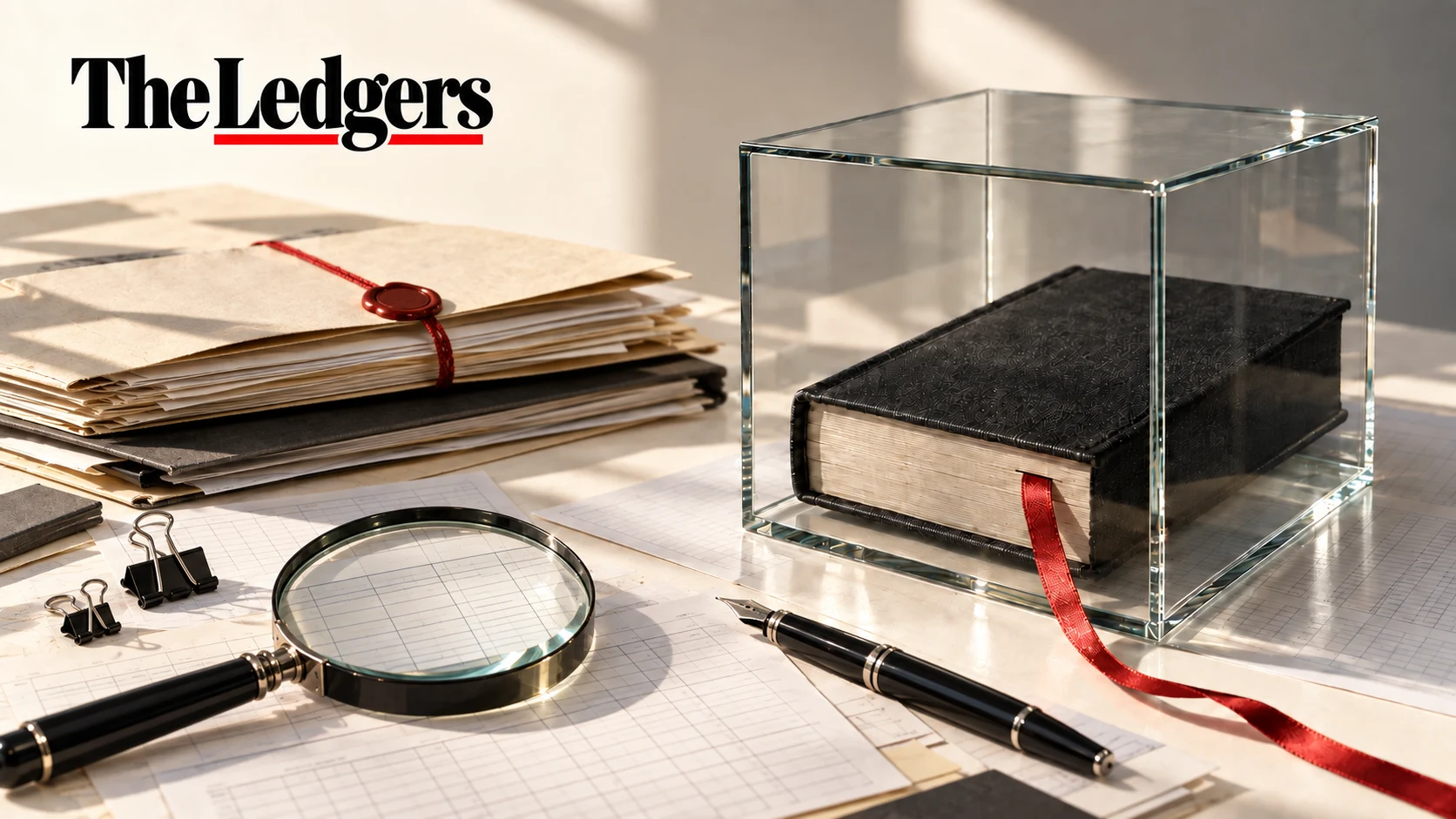 A closed ledger in a glass case beside sealed files and a magnifying glass.